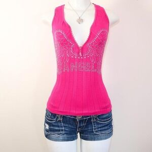 pink rhinestone angel wing tank top zip front y2k mcbling
